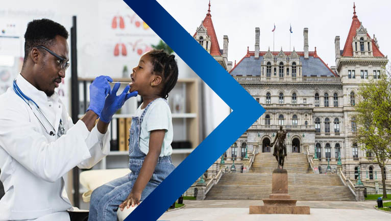 physician seeing a child patient and the NY capital building