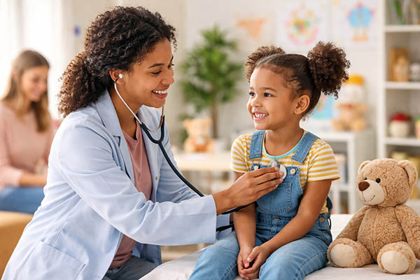 PULSE 4/10/2026: New York Ranks Among Top States for Children’s Health Care 3 Female physician checking the heartbeat of a happy child