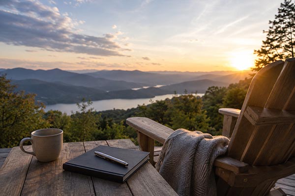 PULSE 5/15/2026: Closing the Retirement Gap: A Member Benefit Built for New York Physicians 3 a chair next to a small table looking out onto a view of a lake and the sunset
