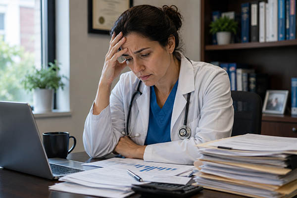 PULSE 5/8/2026: More Than Half of Physicians Question the Path: What Comes Next? 3 female physician looking distressed at a desk full of paperwork and files