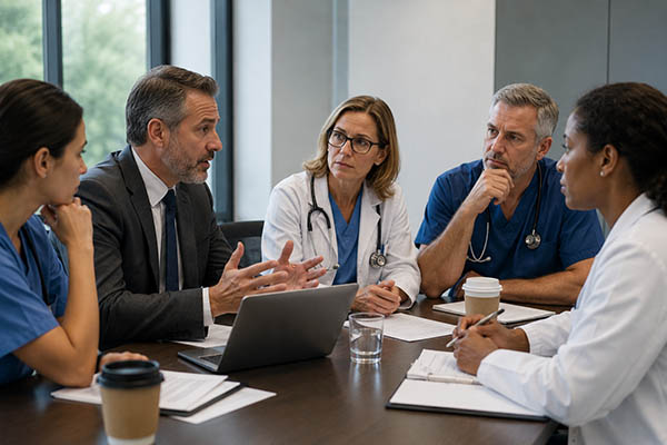 PULSE 5/8/2026: When Crisis Strikes: Preparing Physicians for the Unexpected 8 A man in a suit talking to a group of physicians around a conference table