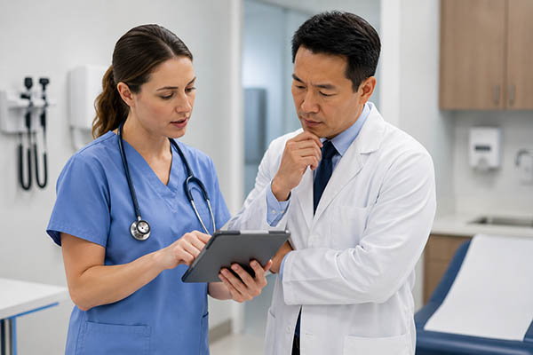 PULSE Pulse 6/5/2026: Proposed New York State Bill Would Allow PAs to Practice Without Physician Supervision 3 a female in scrubs discussing a topic with a male in a doctors lab coat