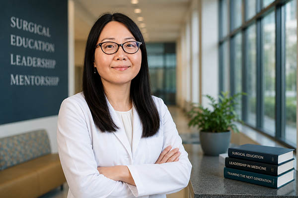 PULSE Pulse 6/18/2026: Dr. Joon Shim Advances Surgical Education Nationally 10 woman in a white lab coat standing in front of a lobby area