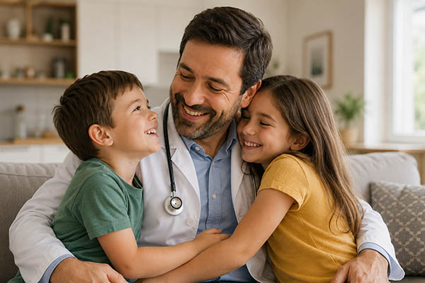 PULSE 6/18/2026: Happy Father’s Day, Physicians 3 children hugging a man in a white lab coat and stethoscope around his neck