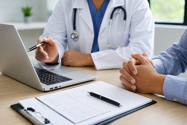 PULSE 6/5/2026: Were You Impacted by Multiplan’s Conduct? 3 a physician sitting with another person reviewing something on a laptop with paperwork close by