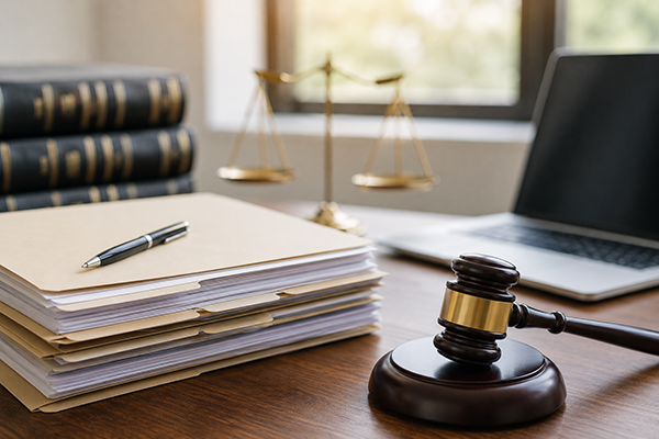 Pulse 6/12/2026: MultiPlan Litigation Update May 2026 3 folders of paperwork piled on a desk with a judges gavel and legal books in the background