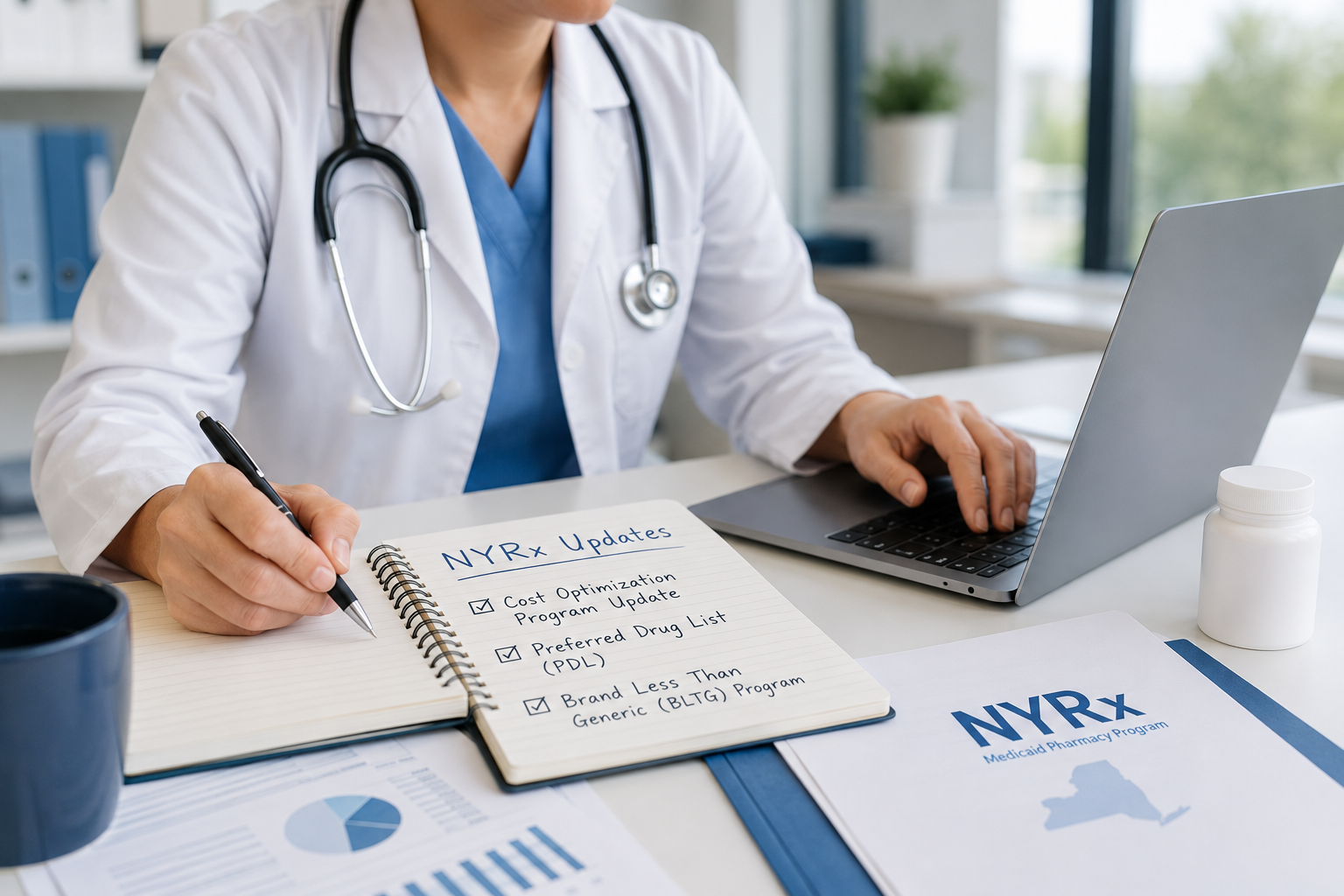 PULSE Pulse 6/26/2026: NYRx Updates: Resources Available for Review 3 female in a white lab coat with a stethoscope writing notes while working on a laptop with scattered papers on her desk