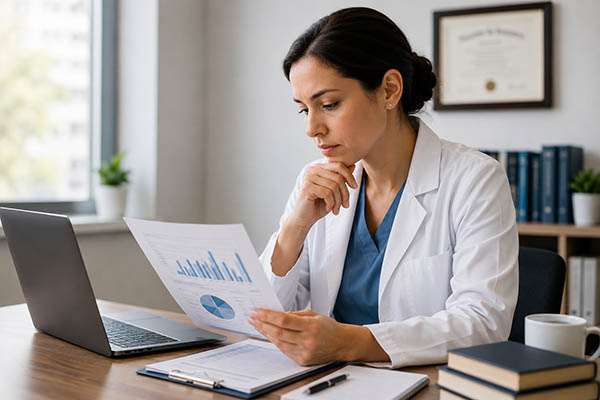 Pulse 6/18/2026: A $1 Million Gap: Why Knowing Your Worth Matters 3 a woman in a white lab coat looking over graphs at a desk with a laptop