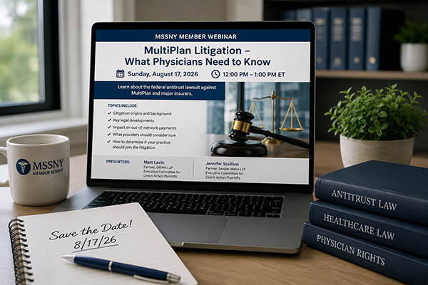 PULSE 7/17/2026: Save the Date: 8/17 Webinar on the MultiPlan Litigation – What Physicians Need to Know 3 Legal webinar announcement on a desk