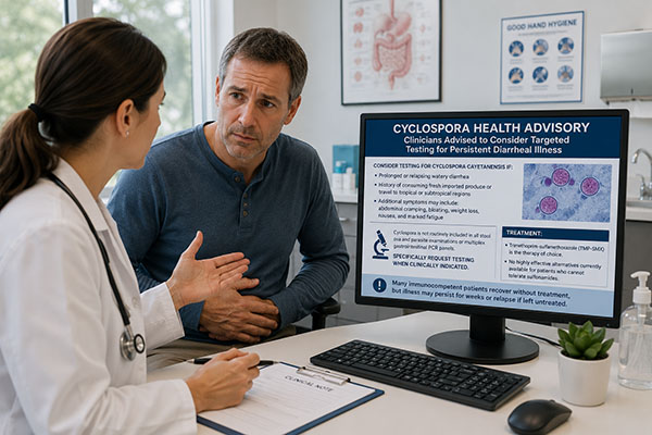 PULSE 7/24/2026: NYDOH Cyclospora Health Advisory: Clinicians Advised to Consider Targeted Testing for Persistent Diarrheal Illness 3 Doctor discussing health advisory with patient