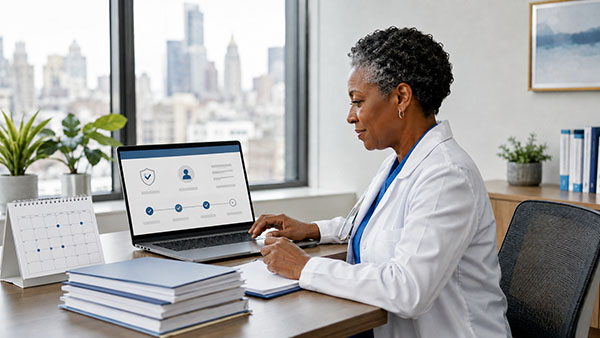 PULSE 8/7/2026: New York State Department of Health (DOH) Announces Improvements to Provider Enrollment and Revalidation Process 3 Physician at Laptop with Blank Calendar