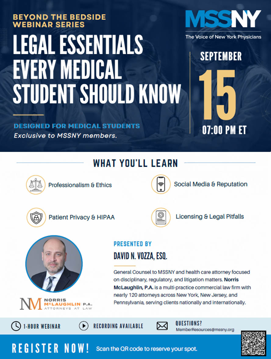PULSE 8/14/2026: Legal Risks Medical Students Should Know Before Training and Practice 4 Flyer with details listed for an upcoming webinar